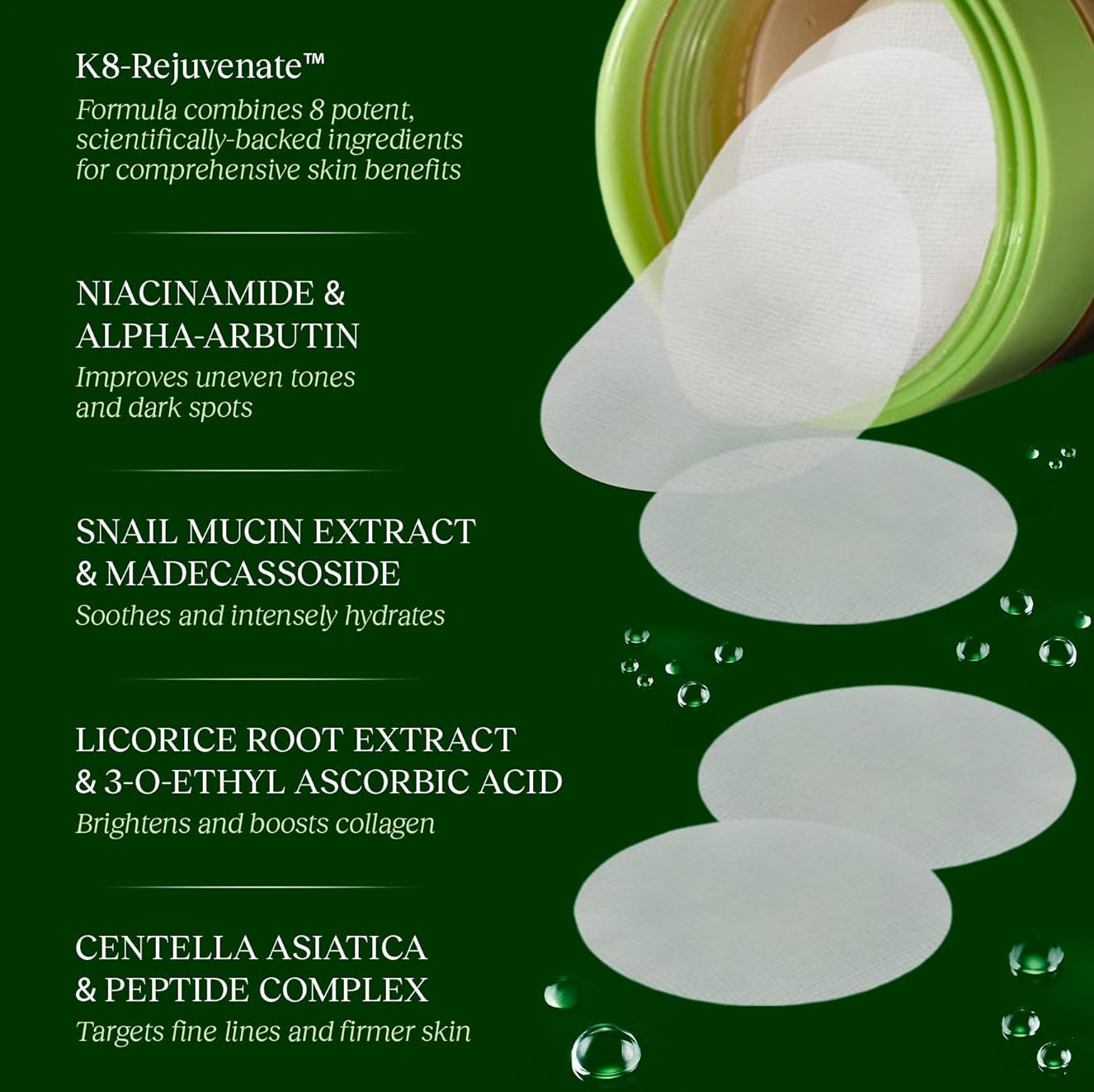 JiYu Toning Polish Pads - KoreanSkincare for Dark Spots, Wrinkles & DullSkin -Hydrating Facial Treatment withSnail Mucin, Niacinamide, Peptides &Centella-100 Count